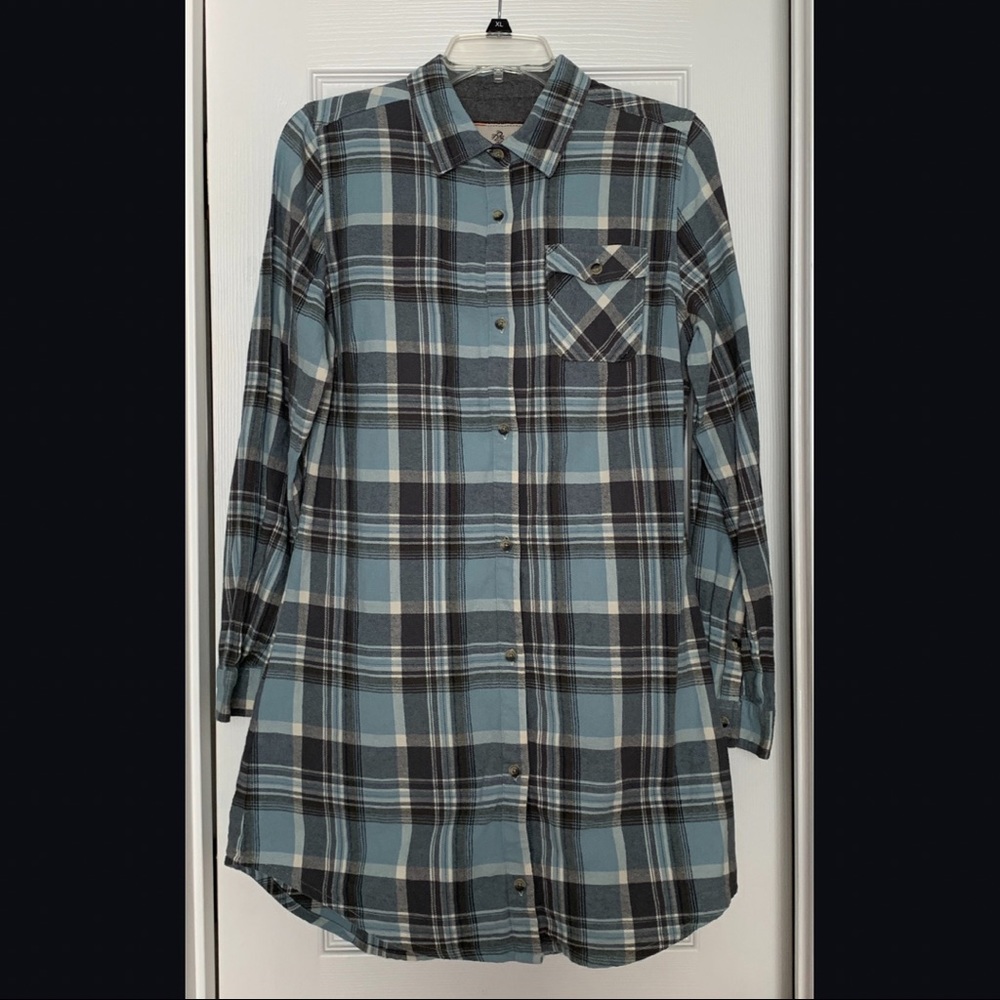 Teal, White & Grey Button-Up Flannel Dress